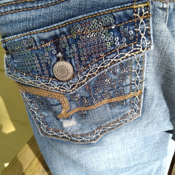 AEO Super Stretch Kickboot Jeans Back Buttoned Flap Sequined Pockets  Sz 00 - Picture 6 of 10